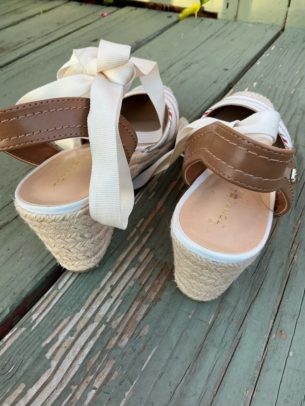 Tommy Hilfiger White Canvas Espadrille Wedges with Red Stripes